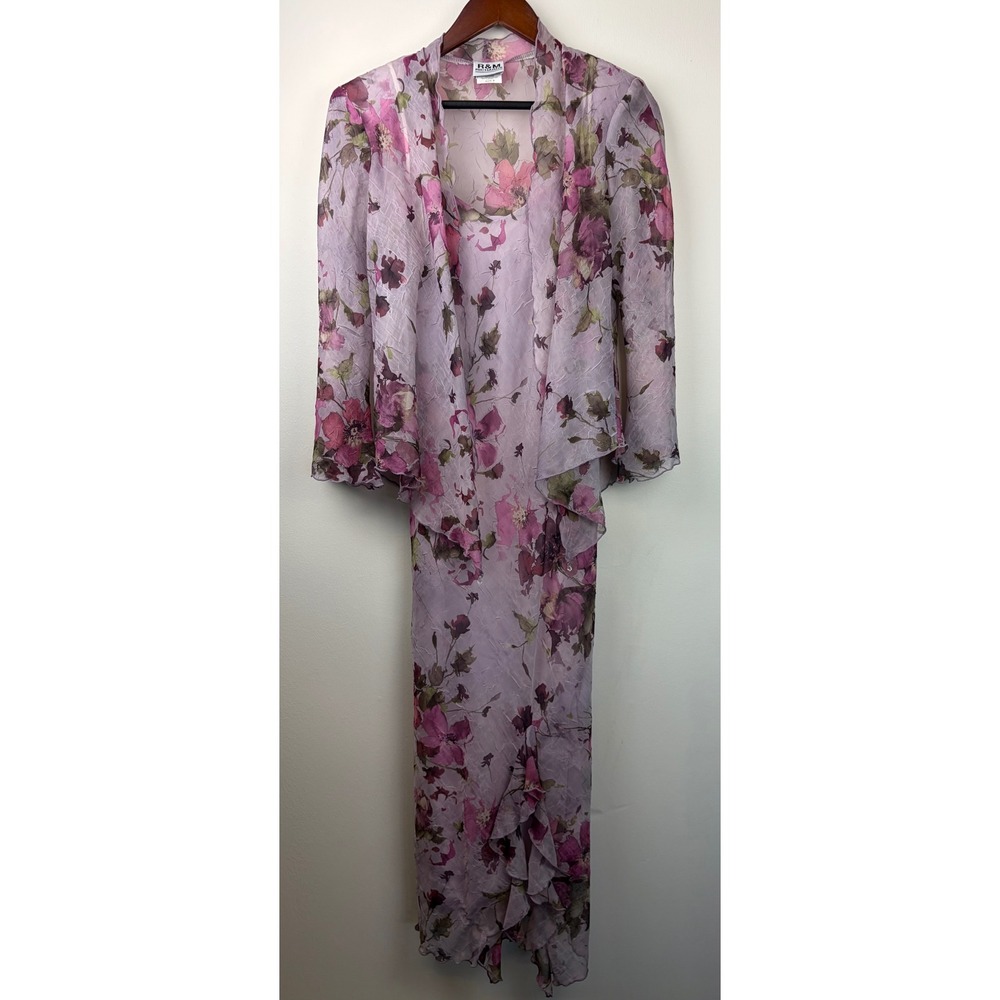 R&M Richards Dress Set 8 Purple Floral Maxi Jacket Wedding Guest Mother of Bride